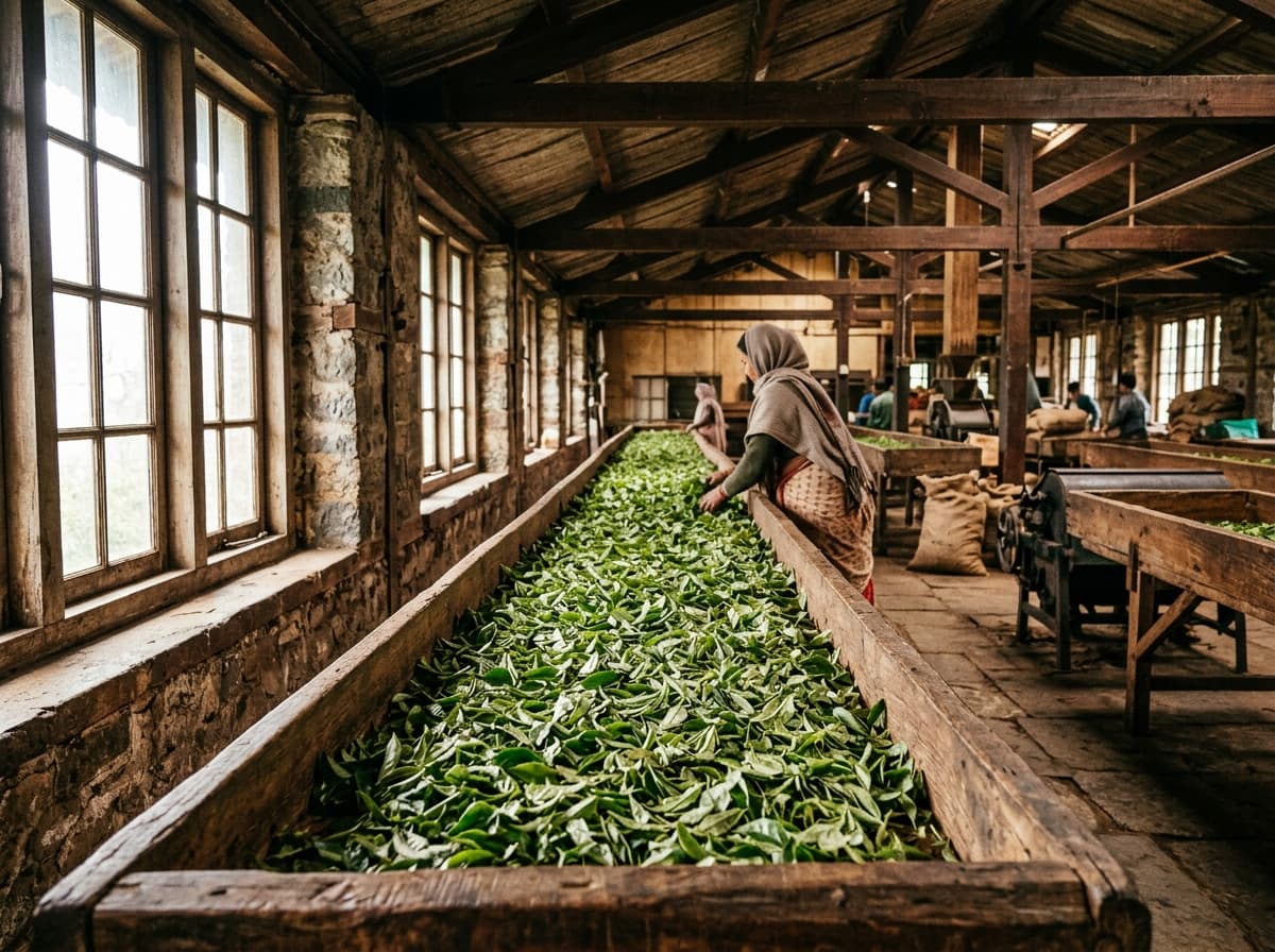 Fresh green tea leaves spread out over wooden withering troughs in a historic Himalayan estate factory bathed in window light