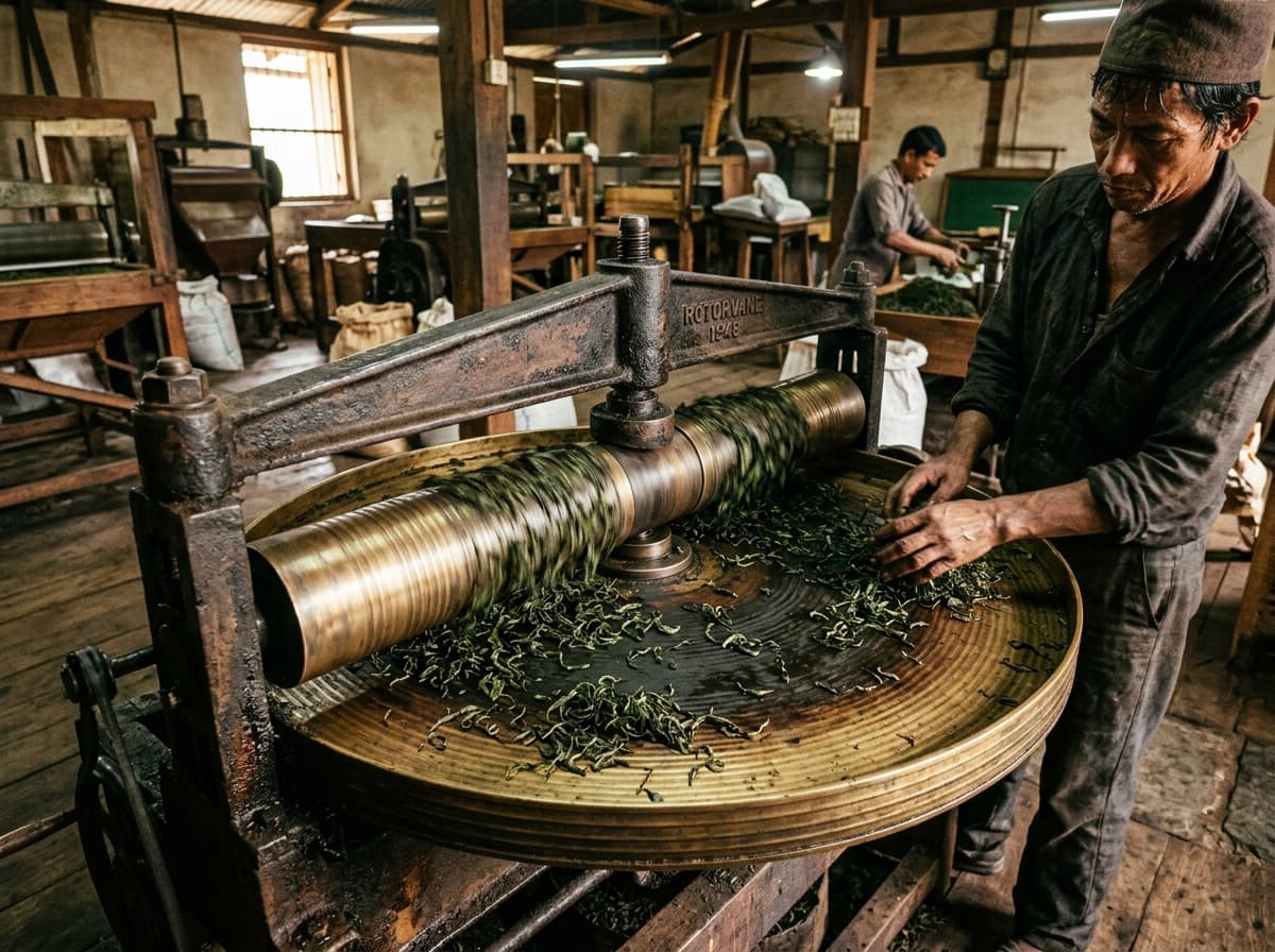 Historic brass orthodox tea rolling machine curling withered leaves and releasing fragrant botanical juices
