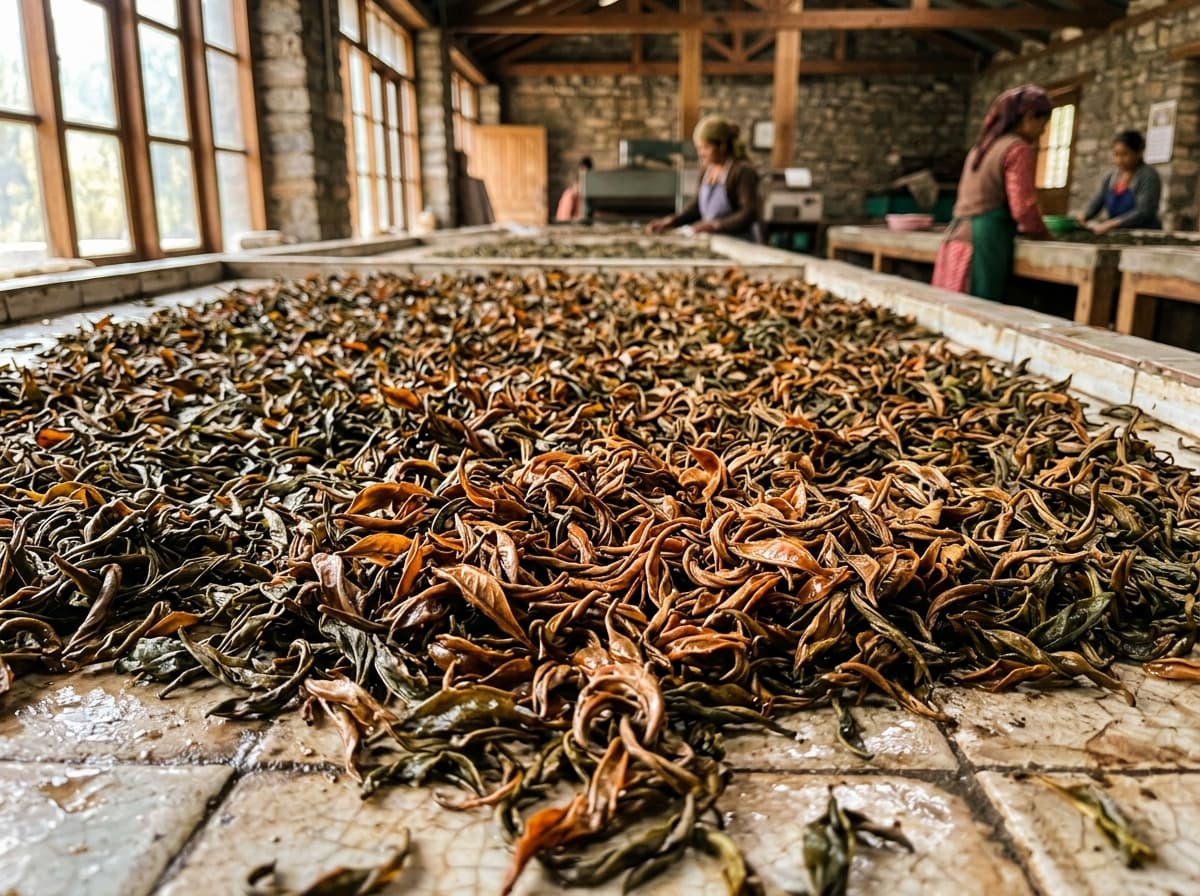 Twisted tea leaves displaying vivid coppery bronze and amber color transition on clean tiled fermentation tables