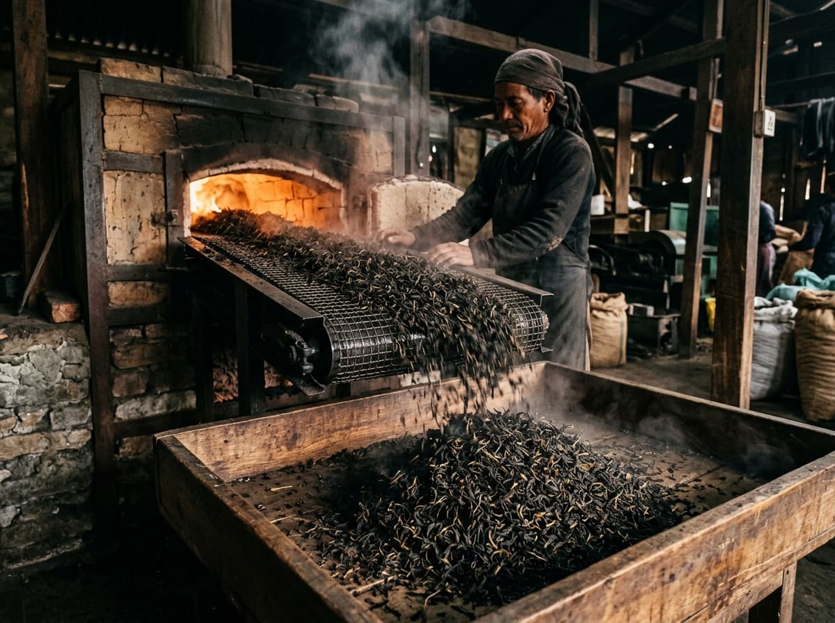 Crisp black orthodox tea leaves tumbling from hot-air firing conveyor into wooden inspection tray with rising aroma steam