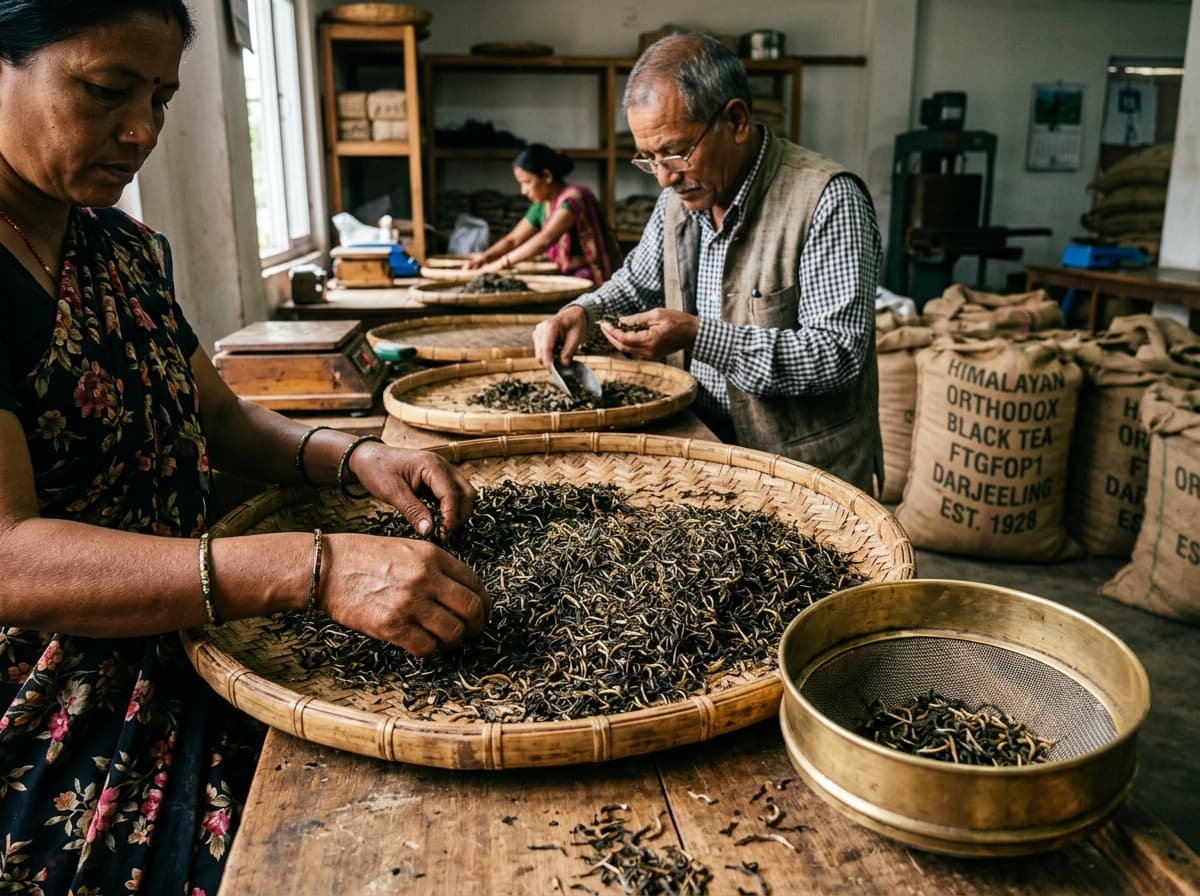 Tea masters hand-sorting premium whole leaf black tea with golden tips on woven bamboo trays in estate packing room