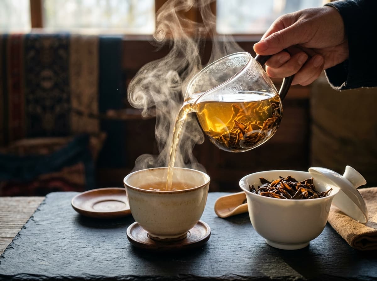 Luminous amber orthodox tea liquor pouring gracefully into an artisan teacup with unfurled whole leaves in porcelain gaiwan