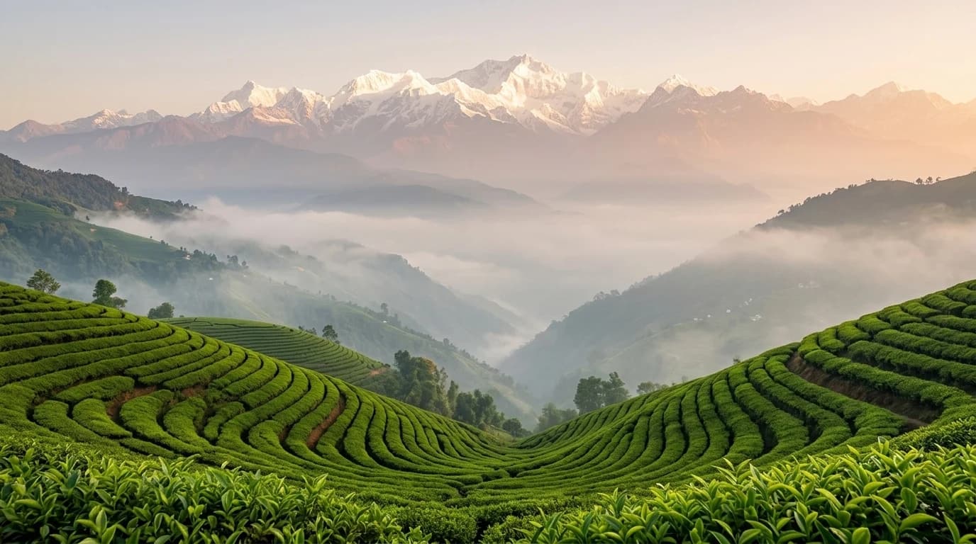 Himalayan mountain tea estate at sunrise with terraced gardens and misty peaks
