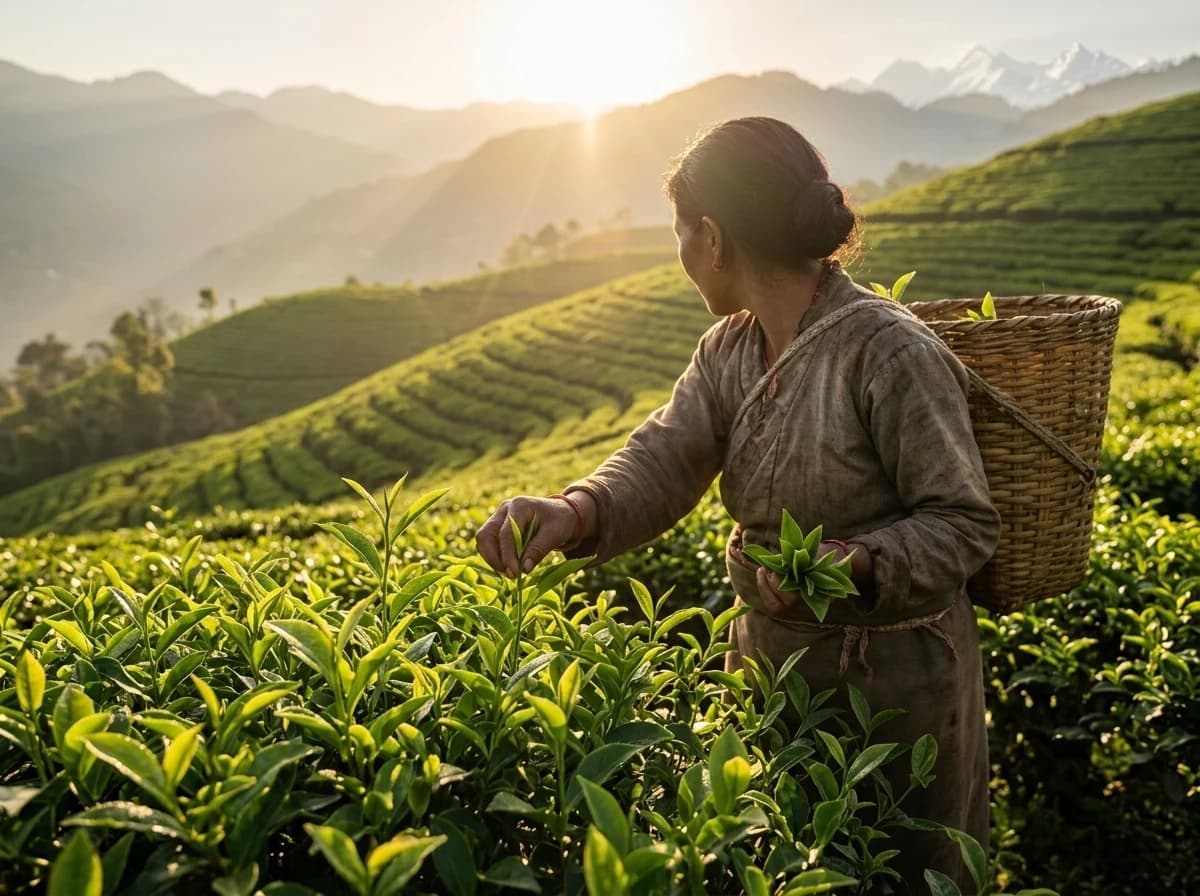 Himalayan tea harvester hand-plucking tender leaves with wicker basket in emerald tea garden