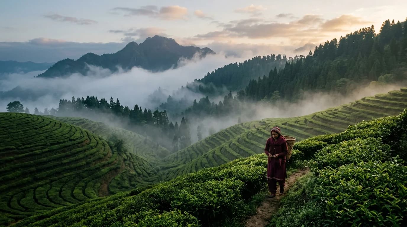 Misty tea garden terraces and mountain peaks in the Himalayas at sunrise